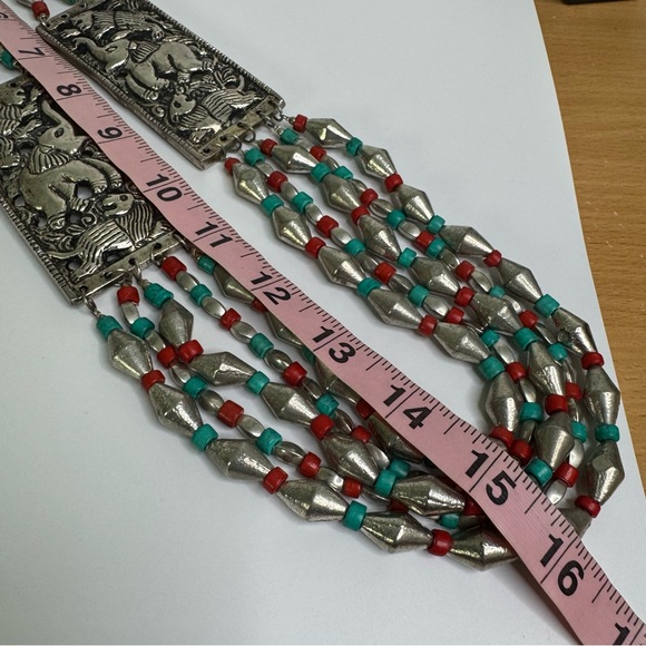 Turquoise and Coral Necklace Elephant and Lion Panel Silver Tone Beads Handmade - Picture 8 of 11